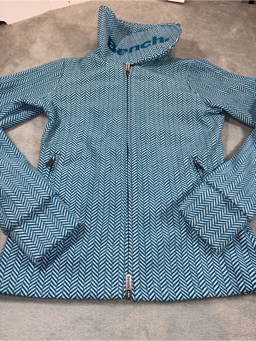 Bench Teal & White Herringbone Full Zip Fleece Jacket - Size Medium